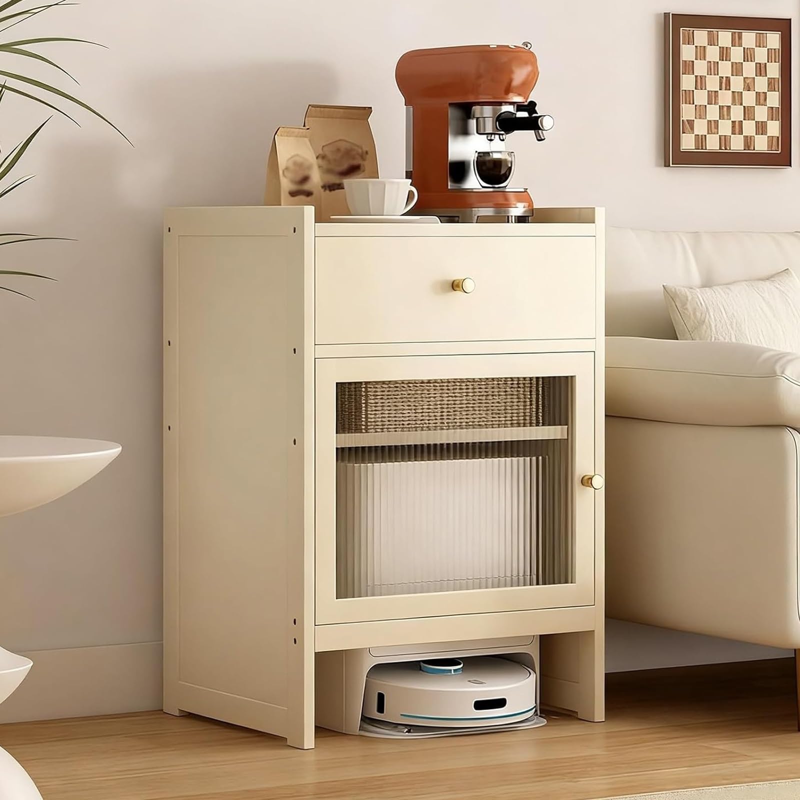 BHGFYXBS Robot Vacuum Sto Cabinet With Doors & S Bamboo Stand For Robot Cleaner Hid Side Table For Living Room & Home Office,White,White