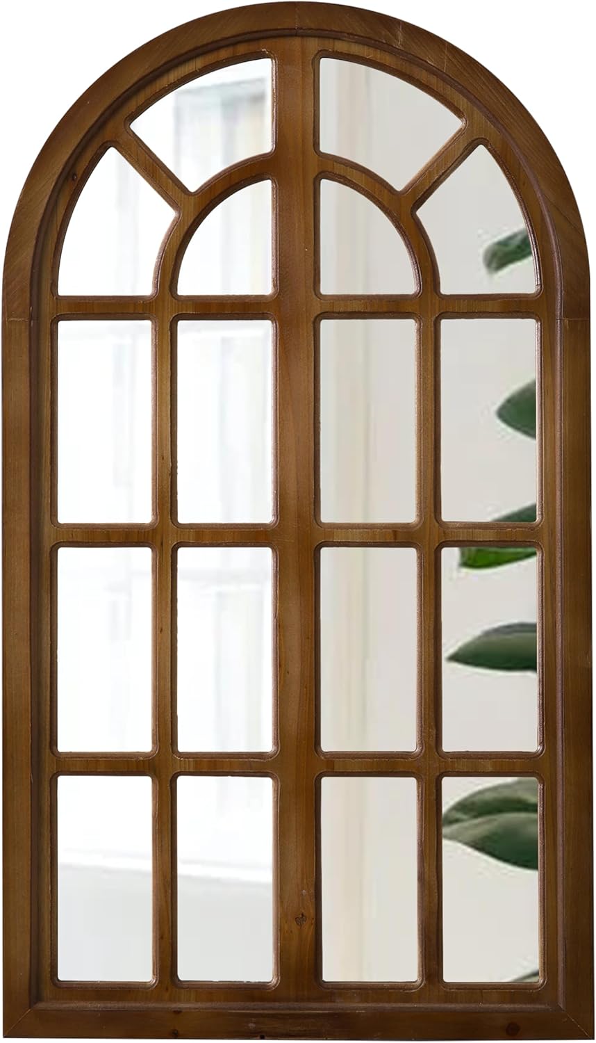 Farmhouse Wooden Arched Window Mirror Wall Decor 41 X 23 Inch, Hanging Burning Finished Decorative Pane Mirror, Vintage for Living Room Entryway Hallway Bedroom