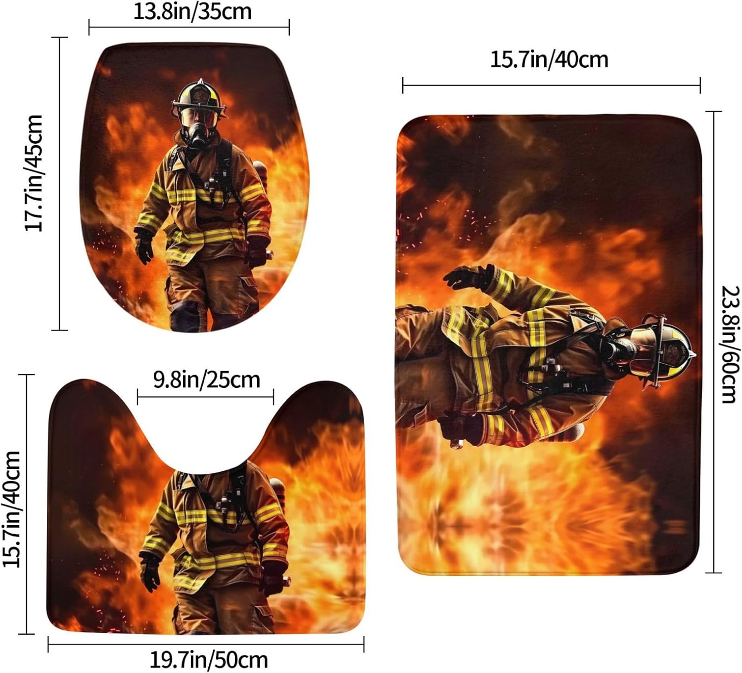 JCAKES Firefighter Fireman Flame Print 3 Piece Bathroom Rugs Set Non-Slip Washable Cover Floor Rug Decorations for Kitchen Bathroom Bedroom