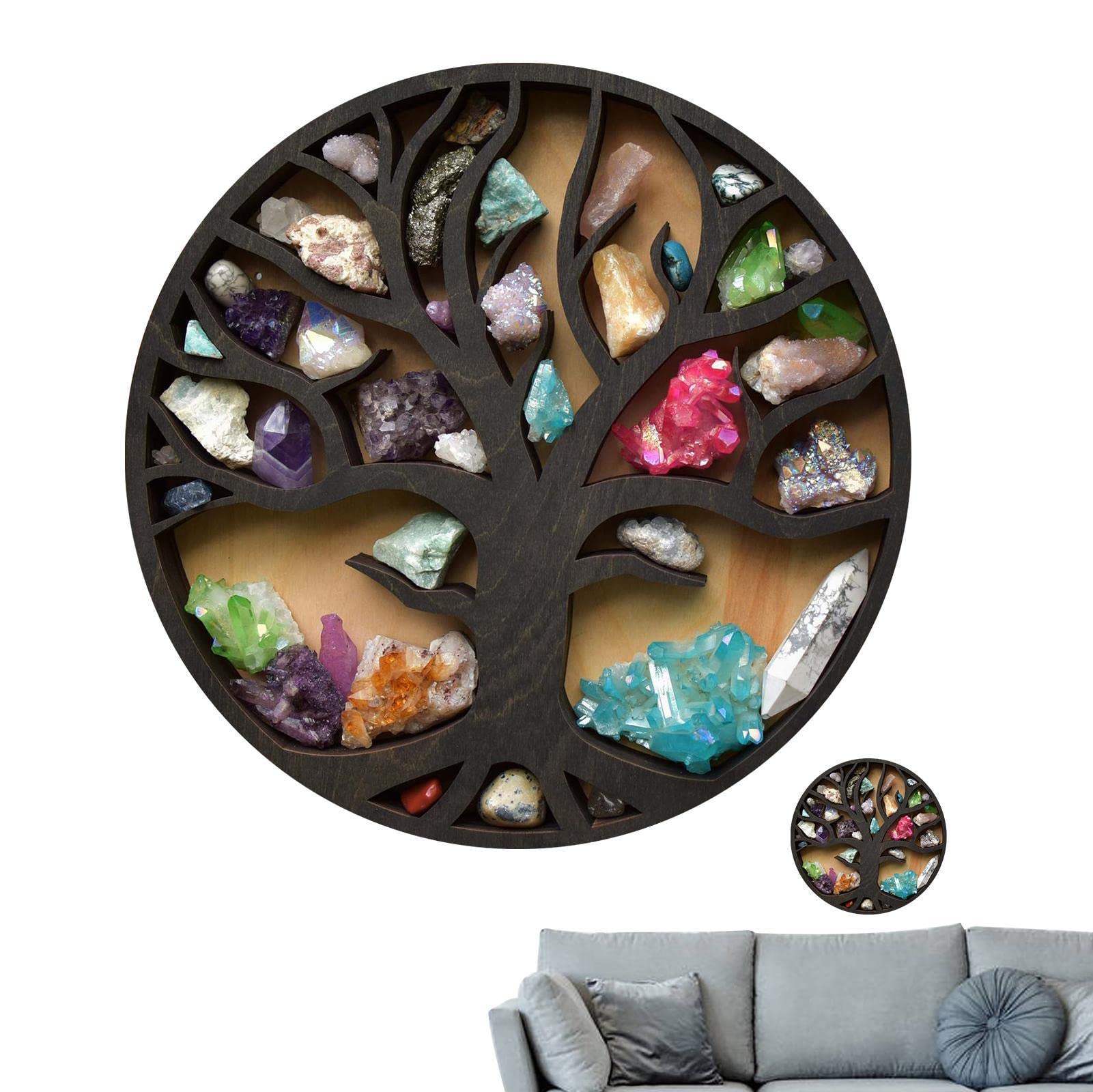 Single Attribute Crystal Display Shelf For Wall - Crystal Holder Tree Of Life Stand For Meditation, Yoga, Round Floating Wooden Wall Shelves Crystal Holder For Stones, Statuettes, Collections