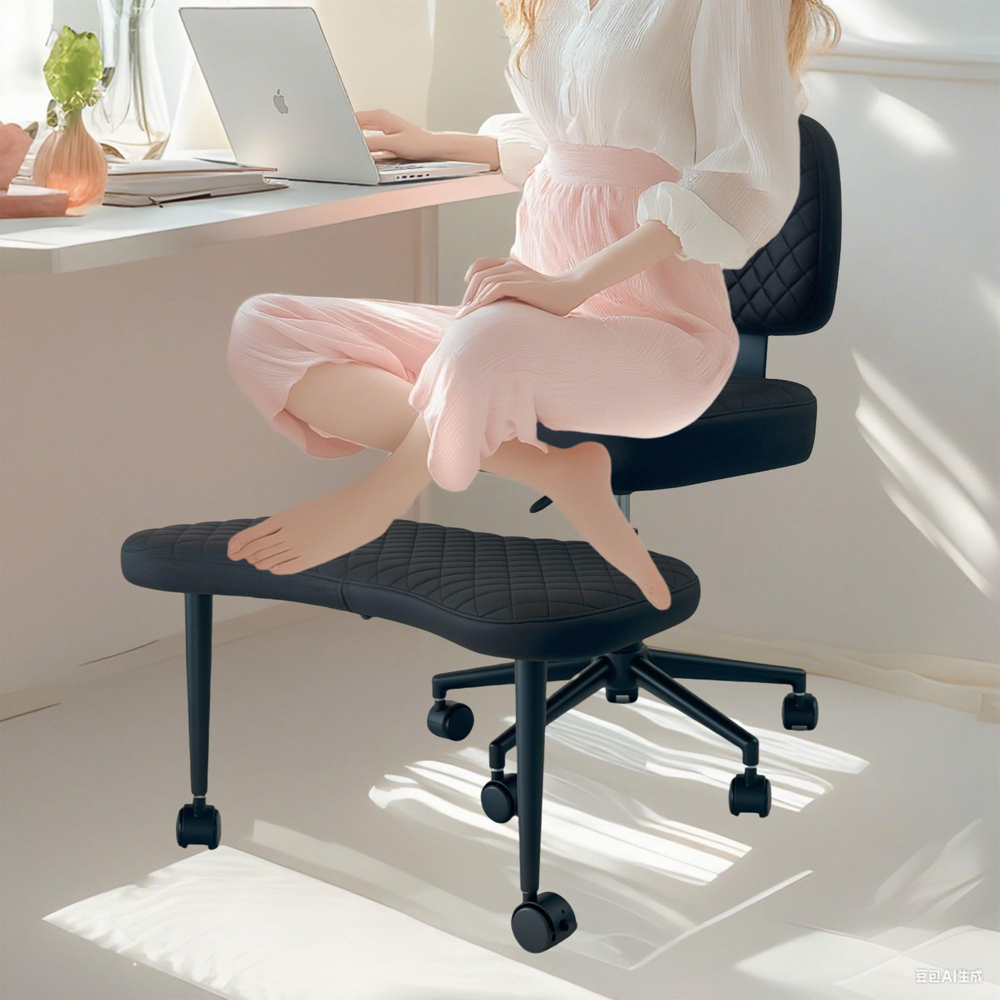 PYY Cross Legged Office Chair - Upgraded Durable Tech Fabric Meditation ADHD Office Chair w/Wheels, SGS Gas Rod, Load Capacity 300LBS, Squatting Kneeling Fidget Chair for Home &amp; Office, Black