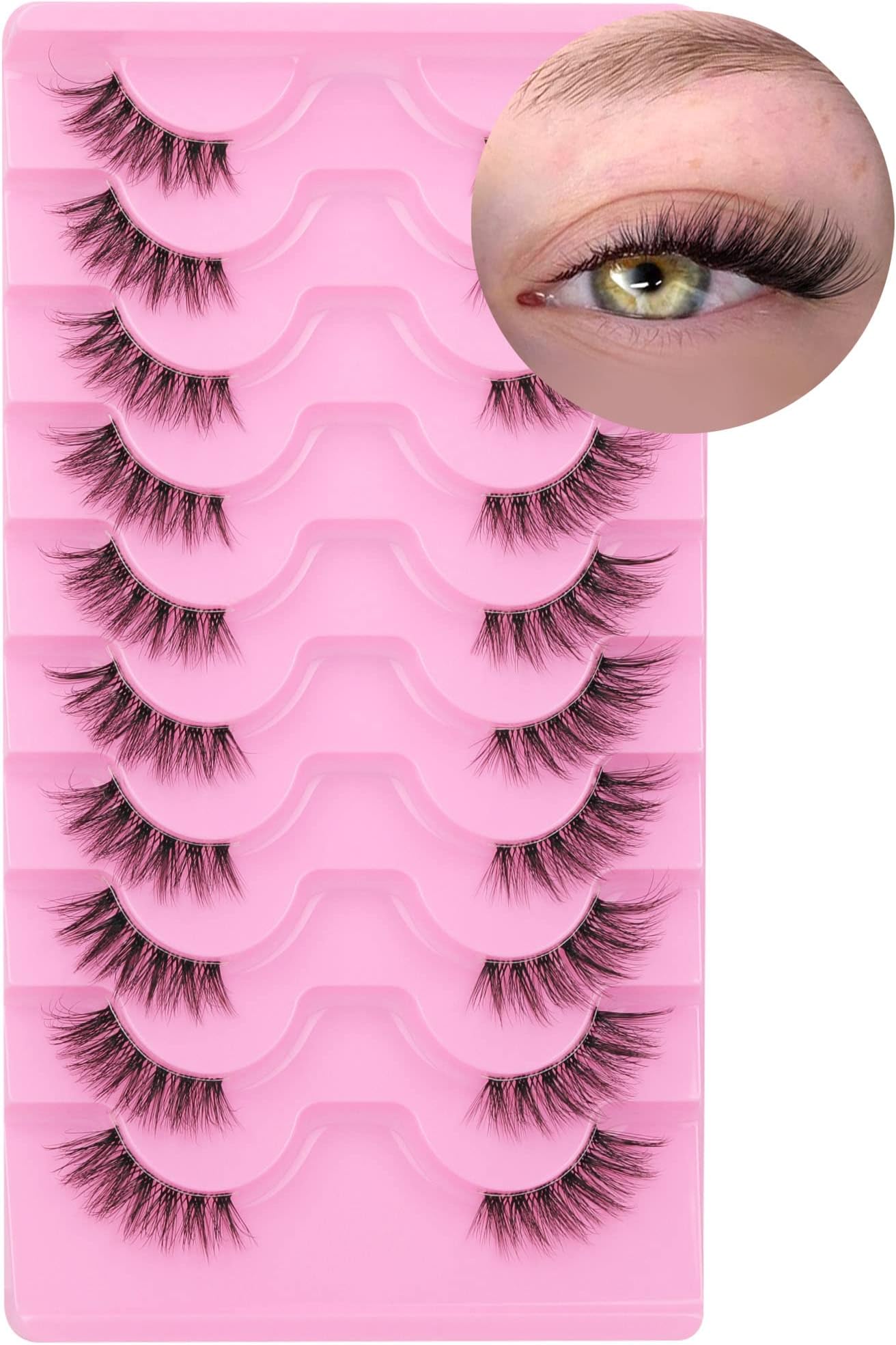 Half Lashes Natural Look Wispy Cat Eye Cluster Lashes 14 mm Clear Band Accent Short False Eyelashes that Look Like Extensions 10 Pairs by FANXITON