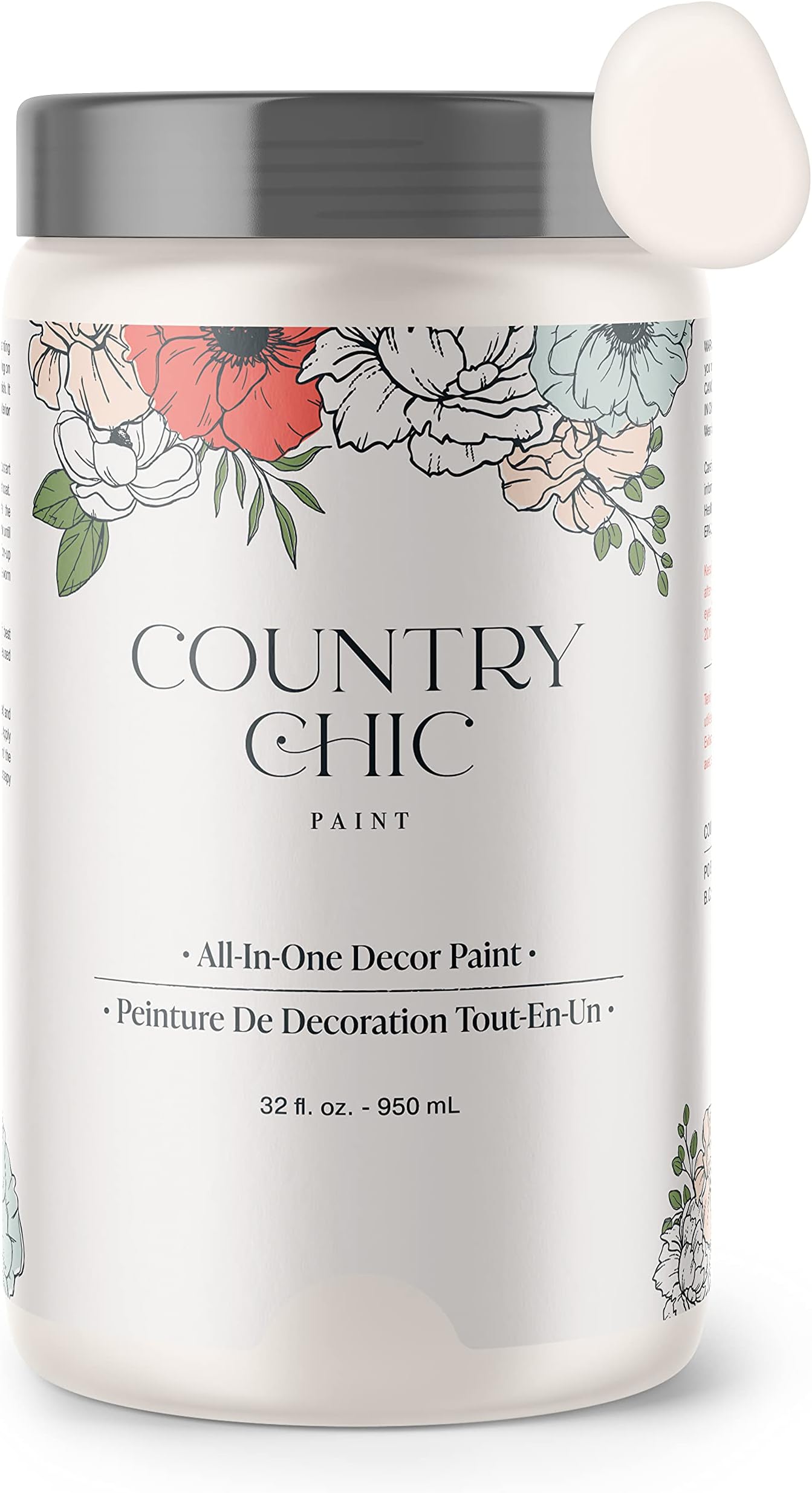 Country Chic All-in-One Chalk Paint for Furniture, Cabinets, Home Decor, Eco-Friendly, Matte Finish, Built-In Primer & Top Coat for Wood, Metal - Crinoline (Off White) - Quart 32 oz (950 ml)