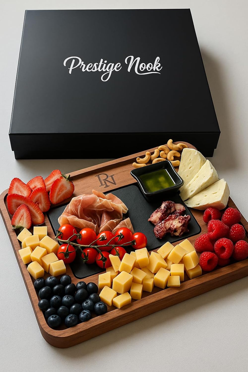 PRESTIGE NOOK- Large Acacia Wood Charcuterie Board- Slate Cheese Board for Wedding House Warming Gift, Wooden Gift for New Home with Knife Accessories Set, Food Tray Platter for Serving Snacks Meat - Image 2