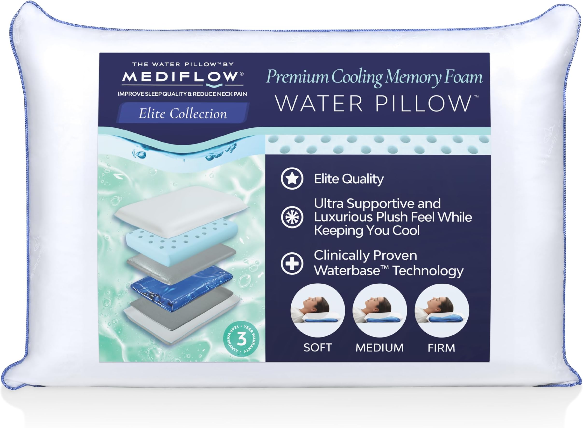 Mediflow Water Pillow - Elite Collection, Cooling Gel Memory Foam. Orthopedic for Neck Pain Relief, Adjustable Water Pillow for Sleeping. (Single Pack)