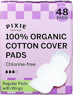 Pixie Organic Cotton Ultra Thin Pads with Wings for Women - Leak-Proof & Moisture-Wicking for Feminine Care - Compostable, Unscented Menstrual Pads - Regular Absorbency - FSA Eligible - 48 Count