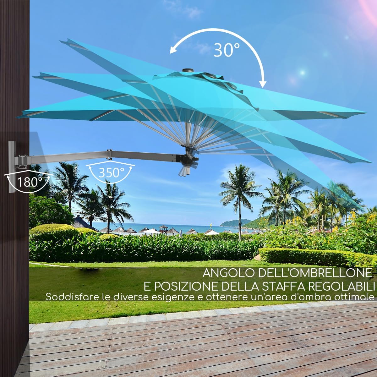Diagram showing the umbrella's 350-degree horizontal rotation and 30-degree vertical tilt capabilities.