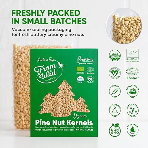 Miniatura 4 de FROM WILD Piñones orgánicos frescos de 7 onzas certificadas veganas kosher sin sal - Piñones siberianos para pesto, nueces crudas, delicias