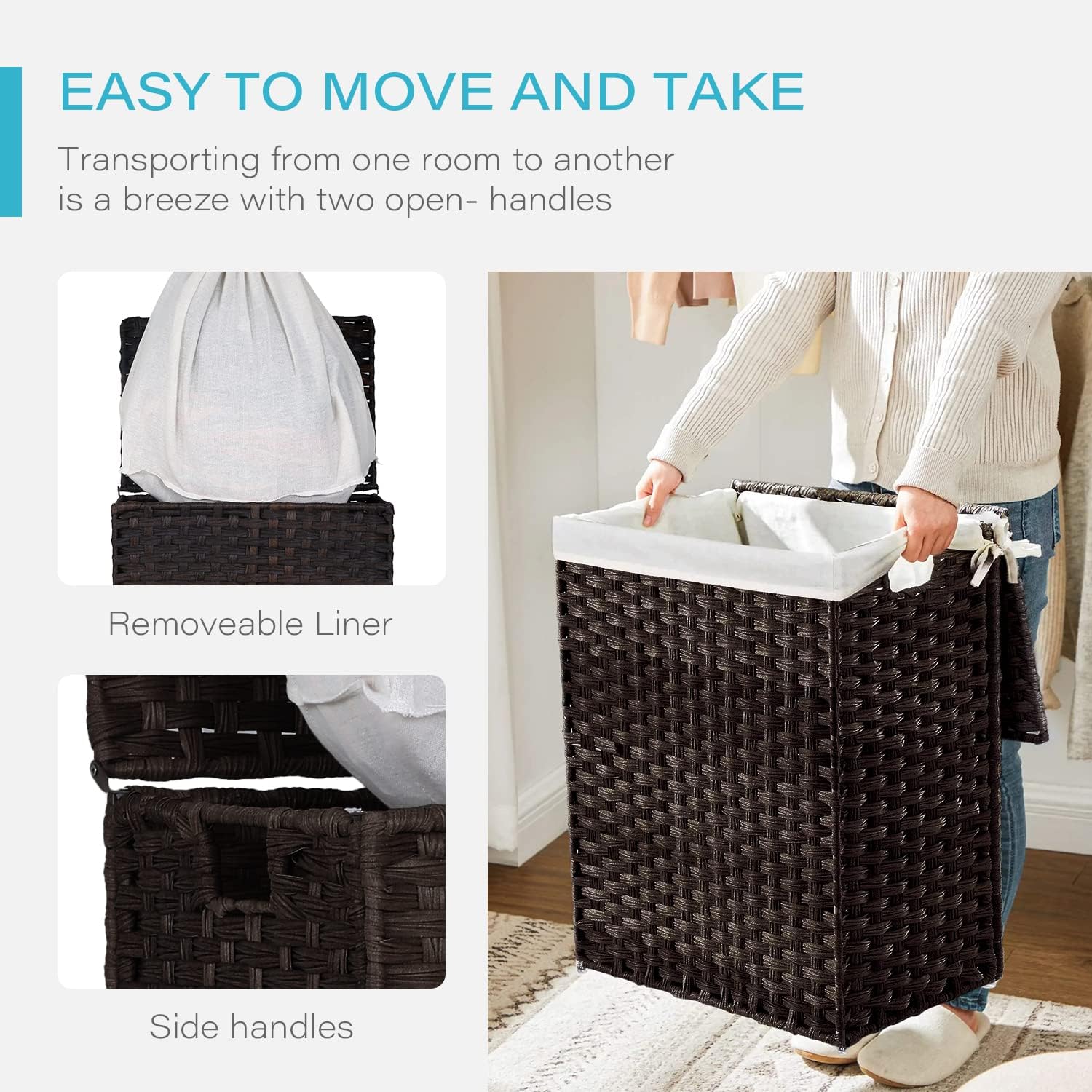 Paylesshere Laundry Hamper Handwoven Laundry Basket 90L/110L Foldable Rattan Laundry Hamper With Lid,2 Removable Liner Bags & 6 Laundry Bags,Clothes Hamper for Bathroom, Brown