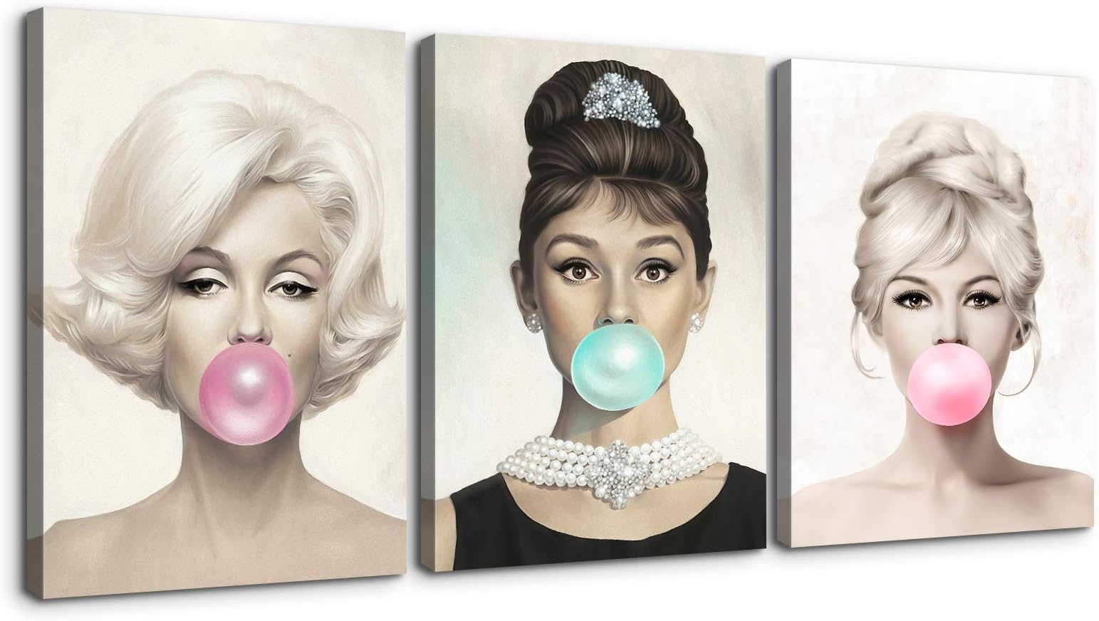 Denozer 3 Panel Beauty Portrait Canvas Wall Art Marilyn Monroe Audrey Hepburn and Brigitte Bardot with Colorful Bubble Gum Painting Home Decor Poster for Living Room Bedroom - 12x16 inch