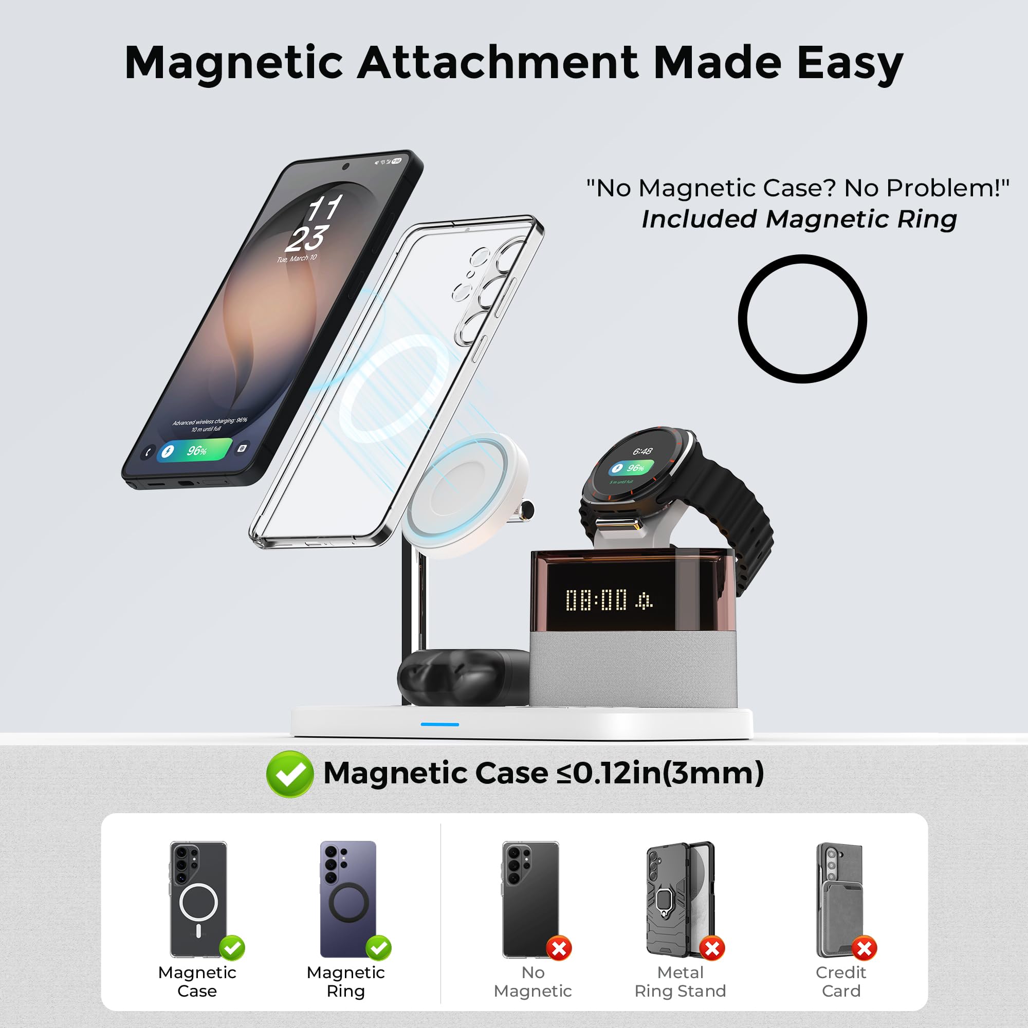 Chargeur sans Fil 3 en 1 pour Samsung/Android avec Anneau Magnétique, Station de Charge Induction pour Galaxy S25/S24/S23/S22, Montre et Buds, Support de Charge avec Réveil et Adaptateur QC 3.0