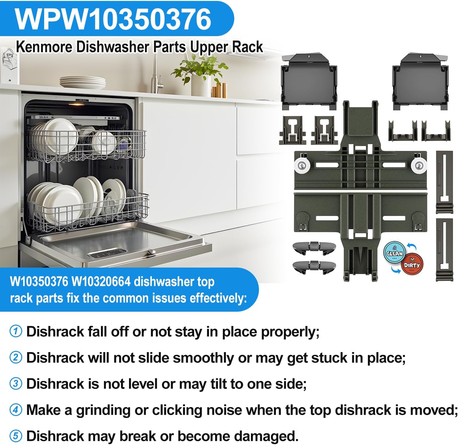 (12PCS) Upgraded W10350376 W10350374 Dishwasher Top Rack Parts & W10320664 W10320665 Dishwasher Adjuster Housing for Kenmore/Kitchenaid Dishwasher Upper Rack Parts W10195840,KUDE20FXSS4 Rack Adjuster