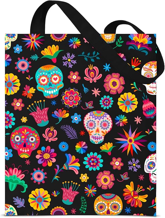Sugar Skulls Canvas Tote Bag for Women Sugar Skulls and Floral Pattern Reusable Grocery Shopping Shoulder Bag Travel Totes Bags Gifts