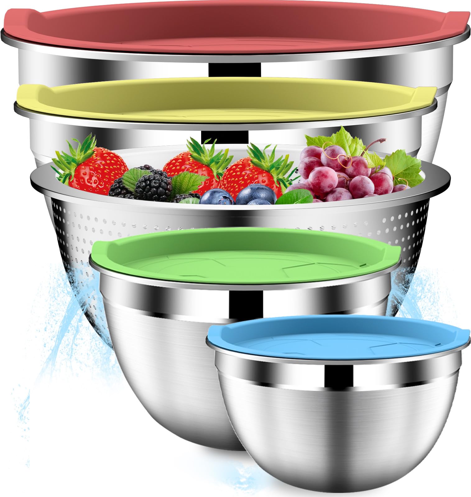 Mixing Bowls with Strainer, Mixing Bowl with Lids Set, Stainless Steel Mixing Bowls, Kitchen Gadgets 2025 Salad Bowls with Strainer for Mixing & Preping & Baking, Multicolor