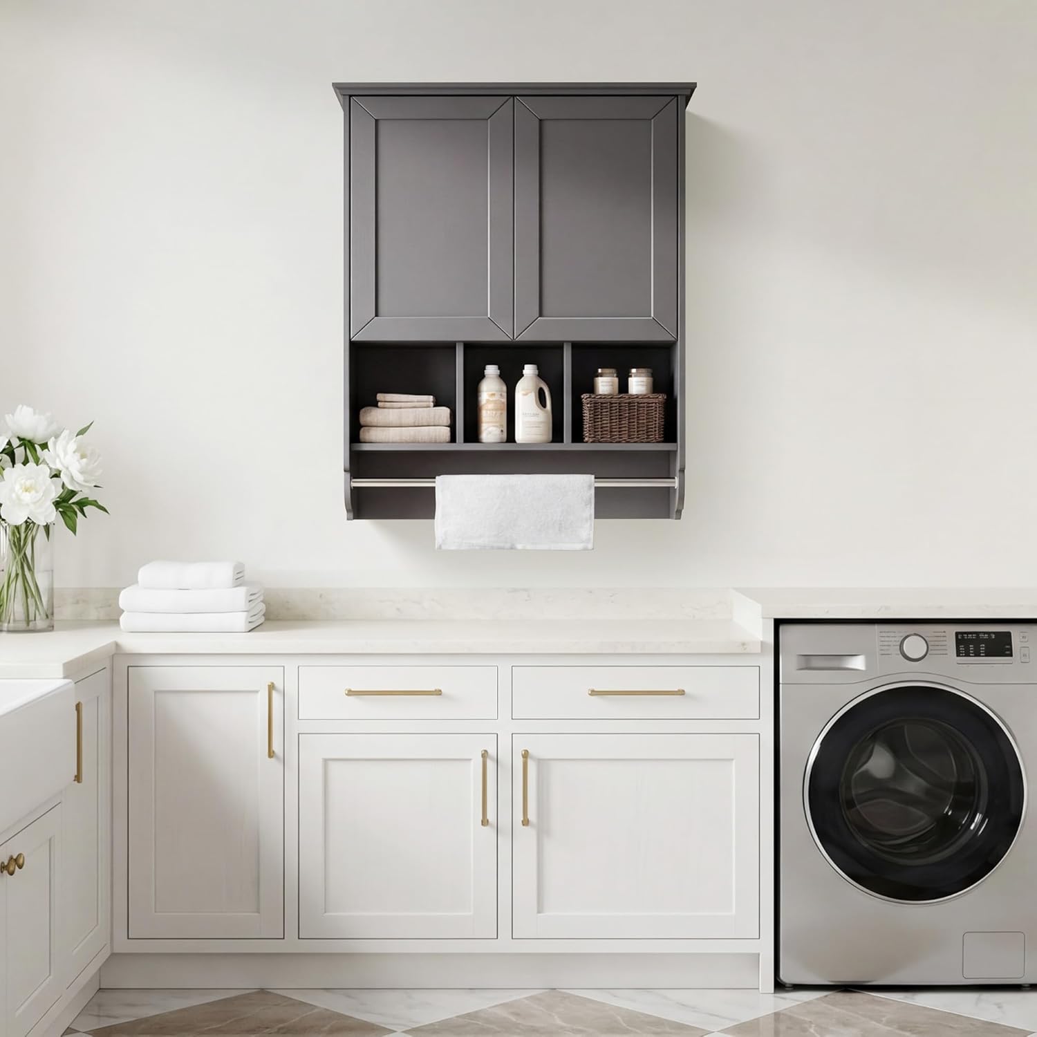 VANIRROR Bathroom Wall Cabinet with Towel Bar,Wooden Medicine Cabinet Adjustable Shelves,23x32 Inch Kitchen Cabinet,Over Toilet Storage Cabinet for Bathroom,Kitchen,Laundry