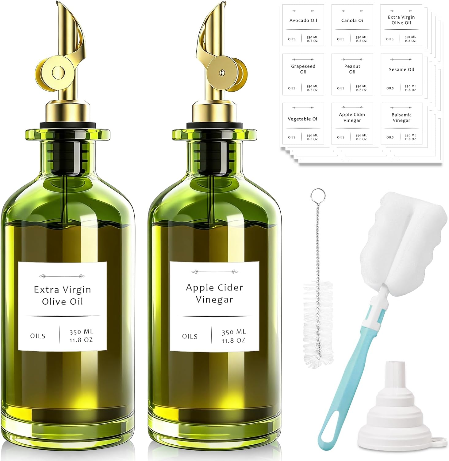 COOLMI Oil Dispenser for Kitchen - 12oz/350ml, Set of 2 Extra Thick Food Grade Glass Olive Oil Dispenser Bottle with Cleaning Brush, Stickers and Funnel (Gold)