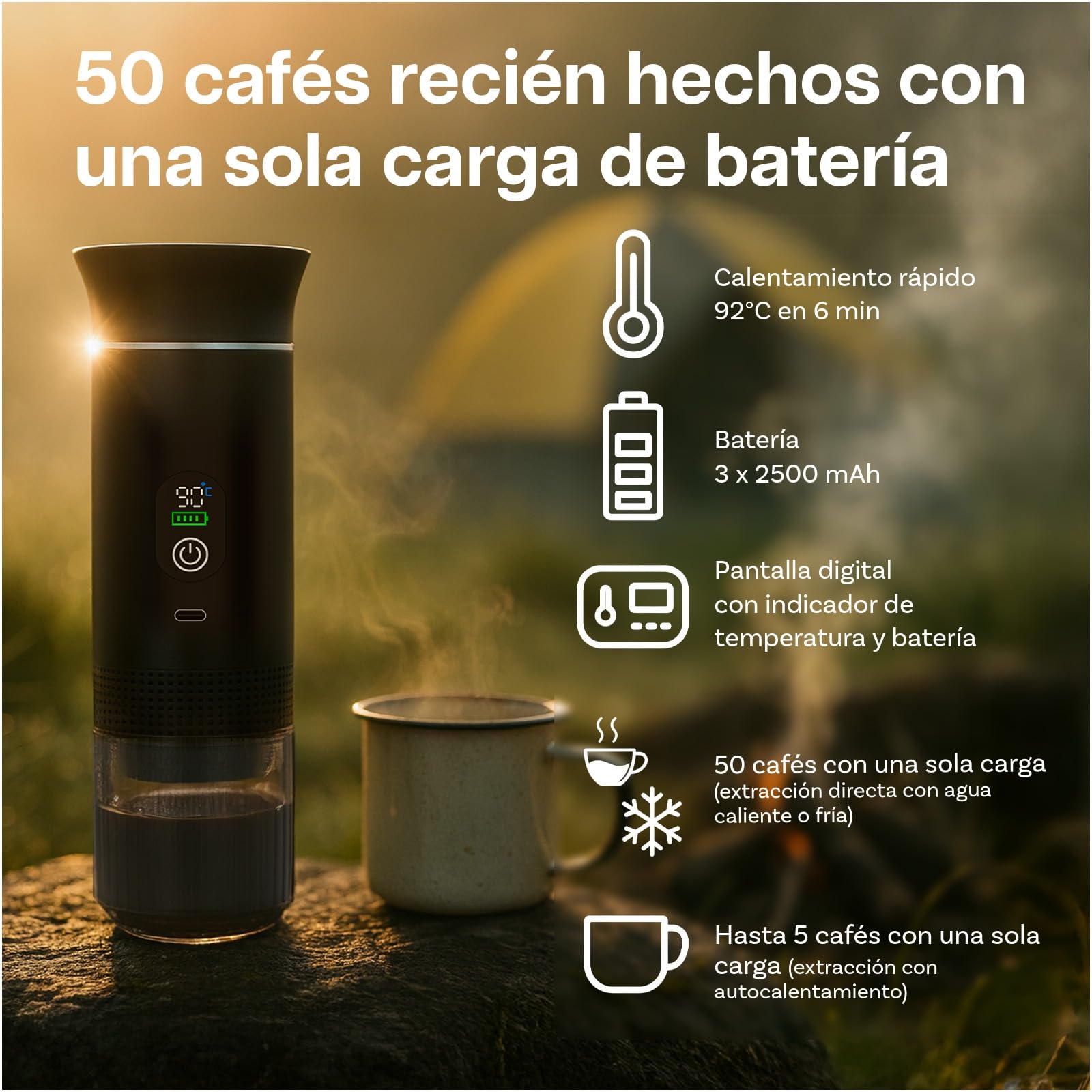 MMOBIEL Cafetera Portátil Máquina de Café Espresso Eléctrica con Base Antideslizante, Auto-Calentable & USB-C – Compatible con Café Molido & Cápsulas para Viaje, Camping, Hogar, Coche, Oficina