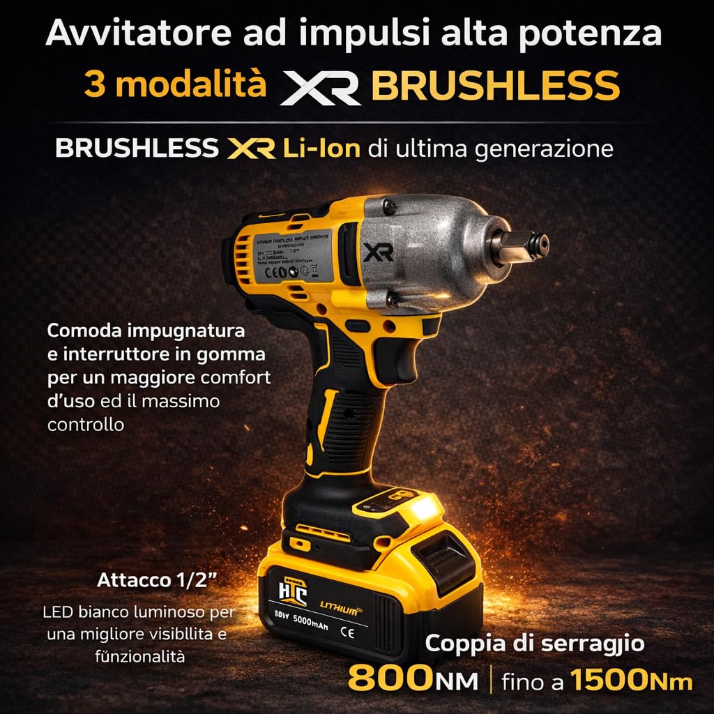 Avvitatore ad impulsi con Doppia Batteria 88VF 8Ah Attacco Quadro 1/2" 800-1500Nm con Motore Brushless XR Chiave a Massa Battente 3 Modalità, con Luce LED 2400RPM 3000BPM per Auto Cantieri e Fai da Te