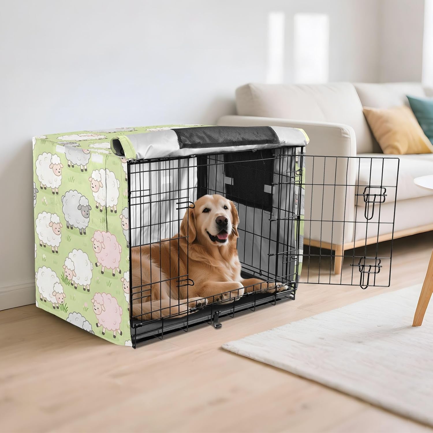 Cartoon Sheep Dog Crate Cover 600D Oxford Pet Kennel Cover with Mesh Window for Dog Cages, Windproof Waterproof Machine Washable, 42"x28"x30"
