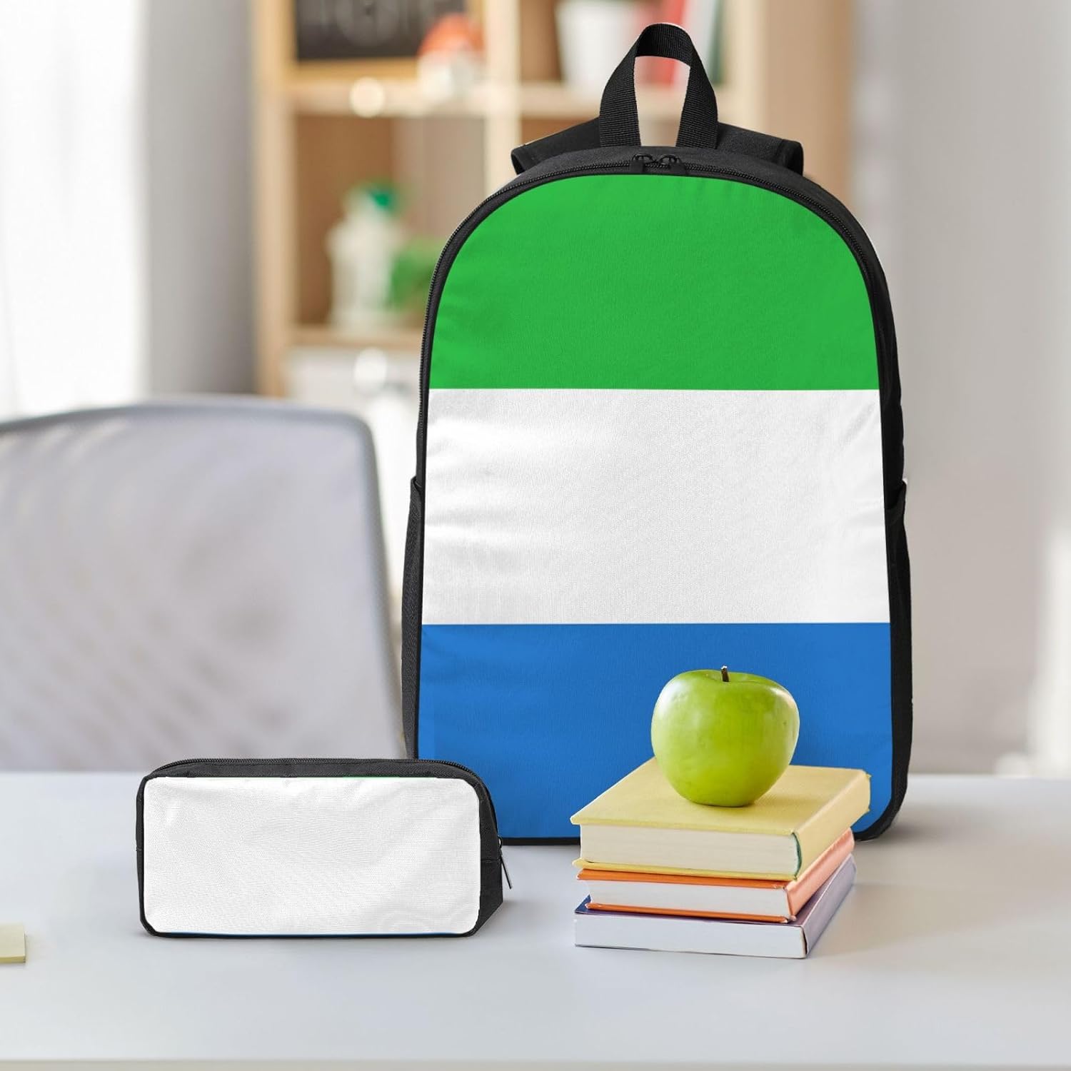 Sierra Leone flag print Shoulder Bookbags Lunch Bag and Pen Case 17 inches Backpack with Lunch Box, Cute Bookbag Set