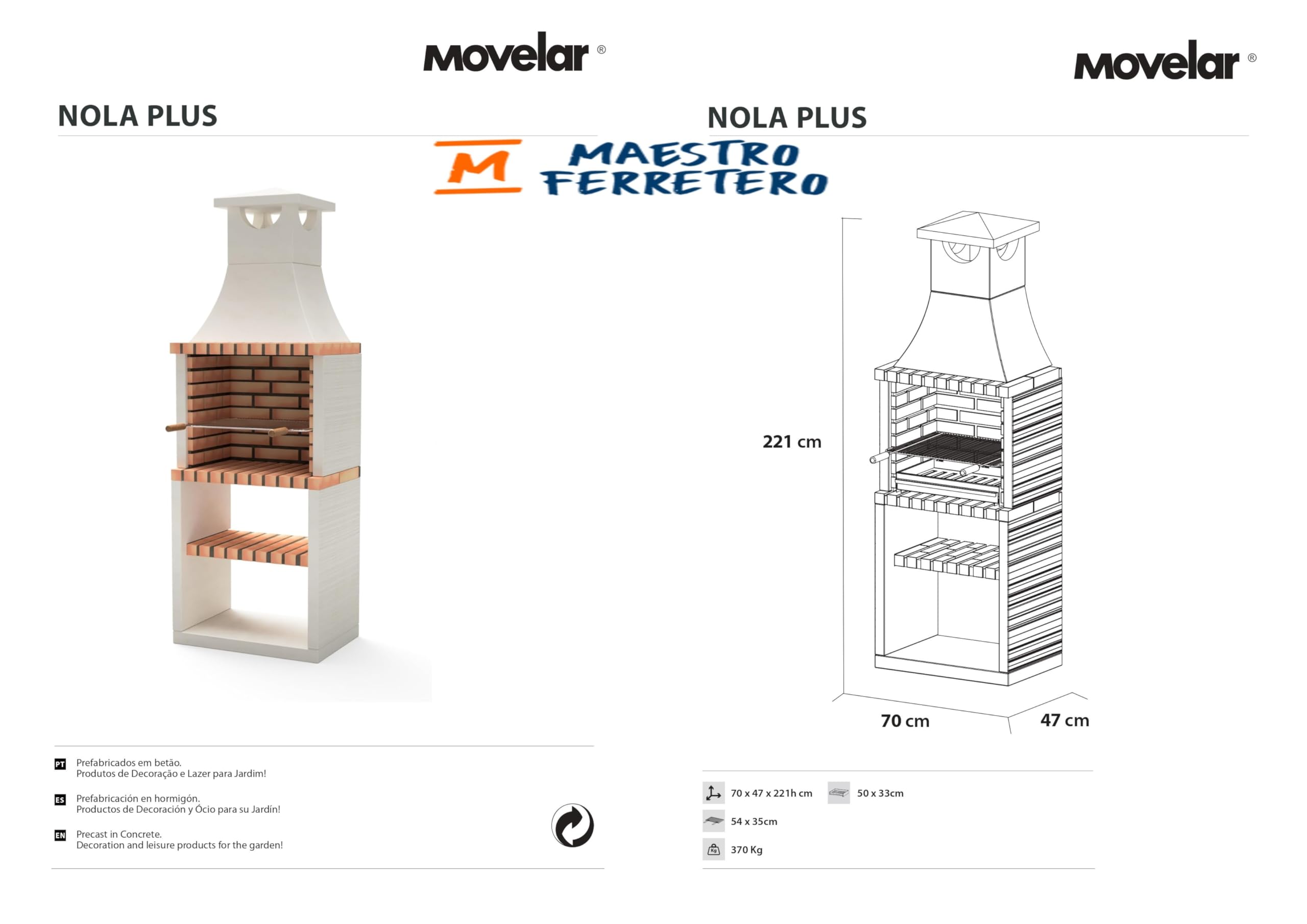 MOVELAR - Barbacoa de Obra Prefabricada de Leña y Carbón Modelo Nola Plus (Blanco, Naranja - 70 x 47 x 221 cm) REF: M00138 - Cocina de Exterior para Jardín o Patio