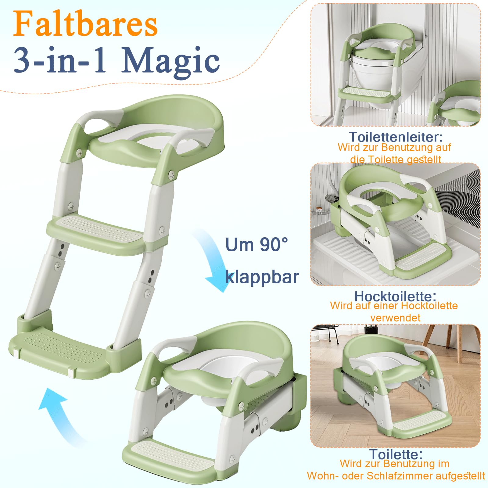 3 IN 1 Toilettensitz Kinder, Toilettenleiter für Kinder mit Verstellbar Treppe, Spritz und Rutschfestes Verlängerter Pedal- und Spritzschutz und Polster, Rutschfest und Faltbar für Jungen Mädchen Baby