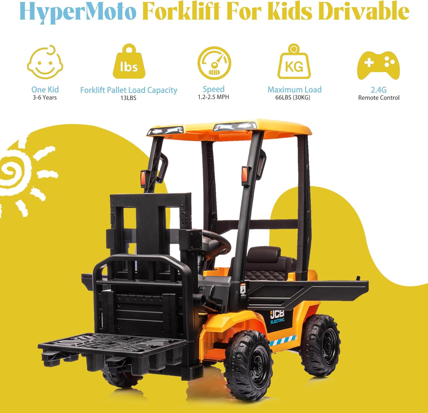 12V Ride on Forklift Car with Tent, Licensed JCB Electric Kids Ride On Construction Car with Remote Control, Liftable Fork and Pallet, Yellow