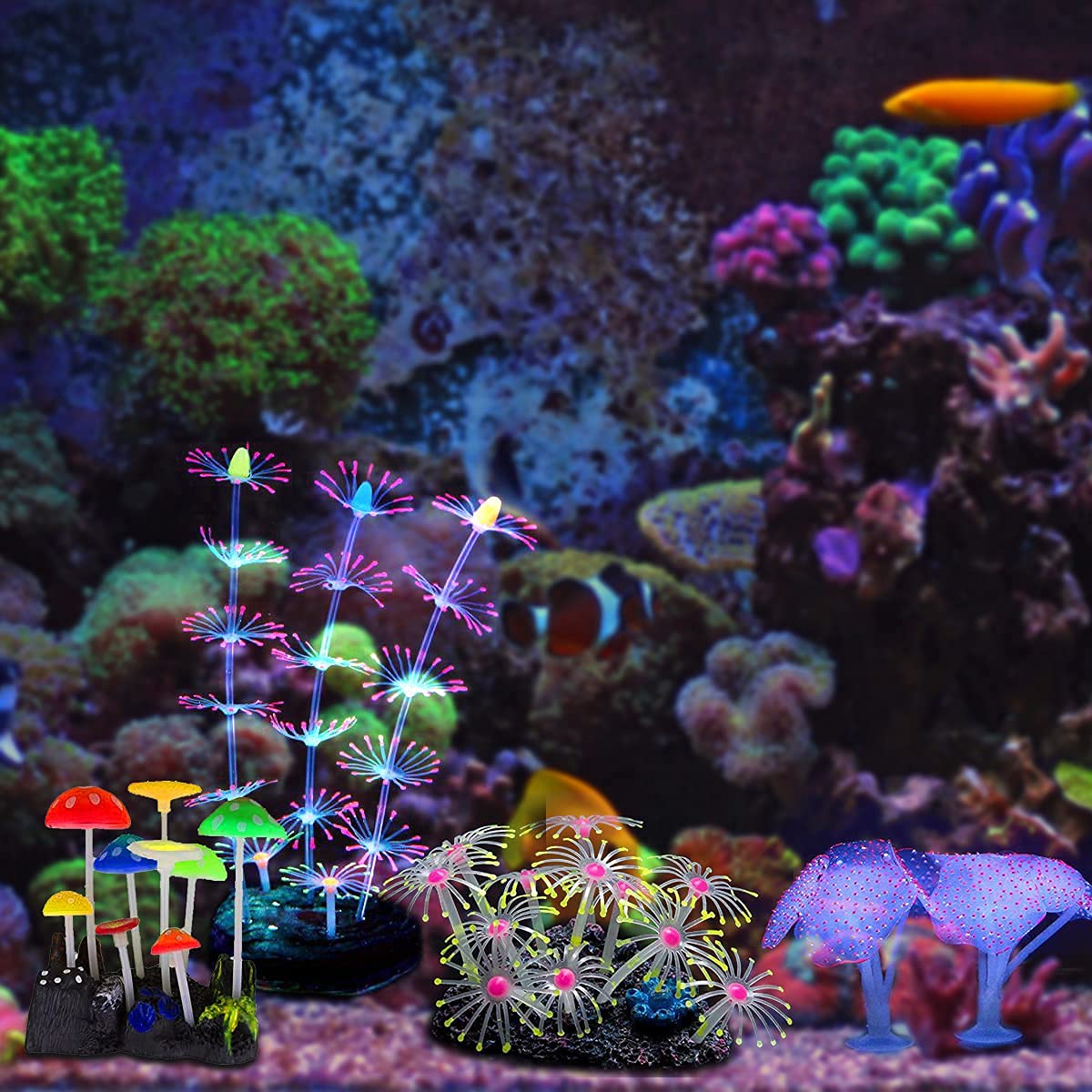 Podazz Lot de 4 Décorations Fluorescentes pour Aquarium, Corail Artificiel et Anémone en Silicone avec Ventouse, Ornements Aquarium pour Eau Douce, Eau de Mer, Nano Bac et Décor Récif