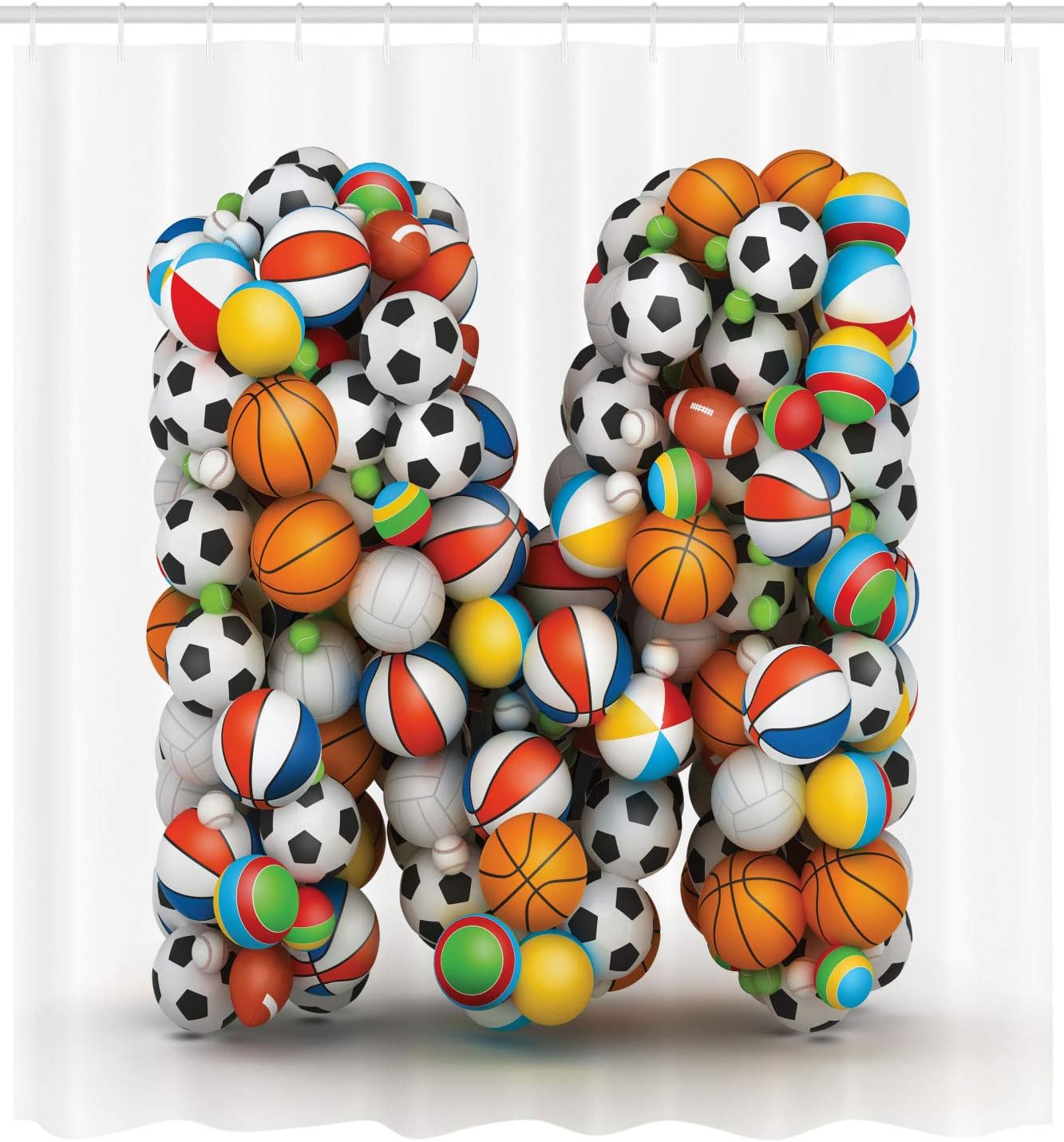 Ambesonne Letter M Shower Curtain, Alphabet ABC Creative Typography Design with Sports Theme and Different Balls, Cloth Fabric Bathroom Decor Set with Hooks, 69" W x 70" L, Orange Green