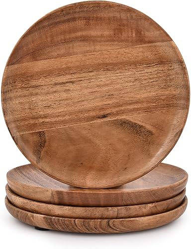 Samhita Juego de 4 platos redondos de madera de acacia fáciles de limpiar y ligeros para platos aperitivos postres 7 x 7 x 1 pulgadas