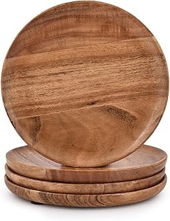 Samhita Juego de 4 platos redondos de madera de acacia, fáciles de limpiar y ligeros para platos, aperitivos, postres. (7 ...