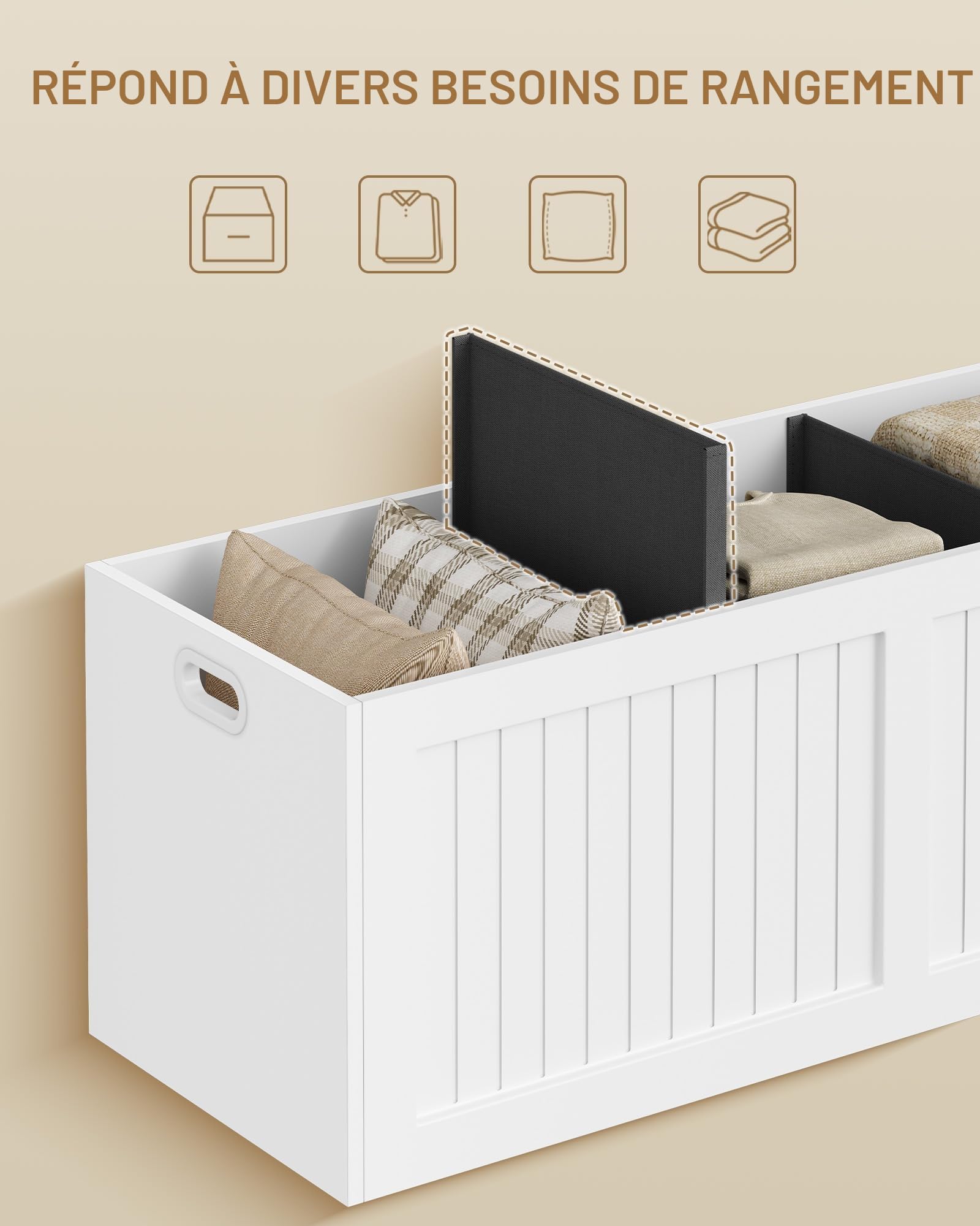 Hzuaneri Coffre de Rangement, 109cm, Coussin en Lin, Blanc-Gris