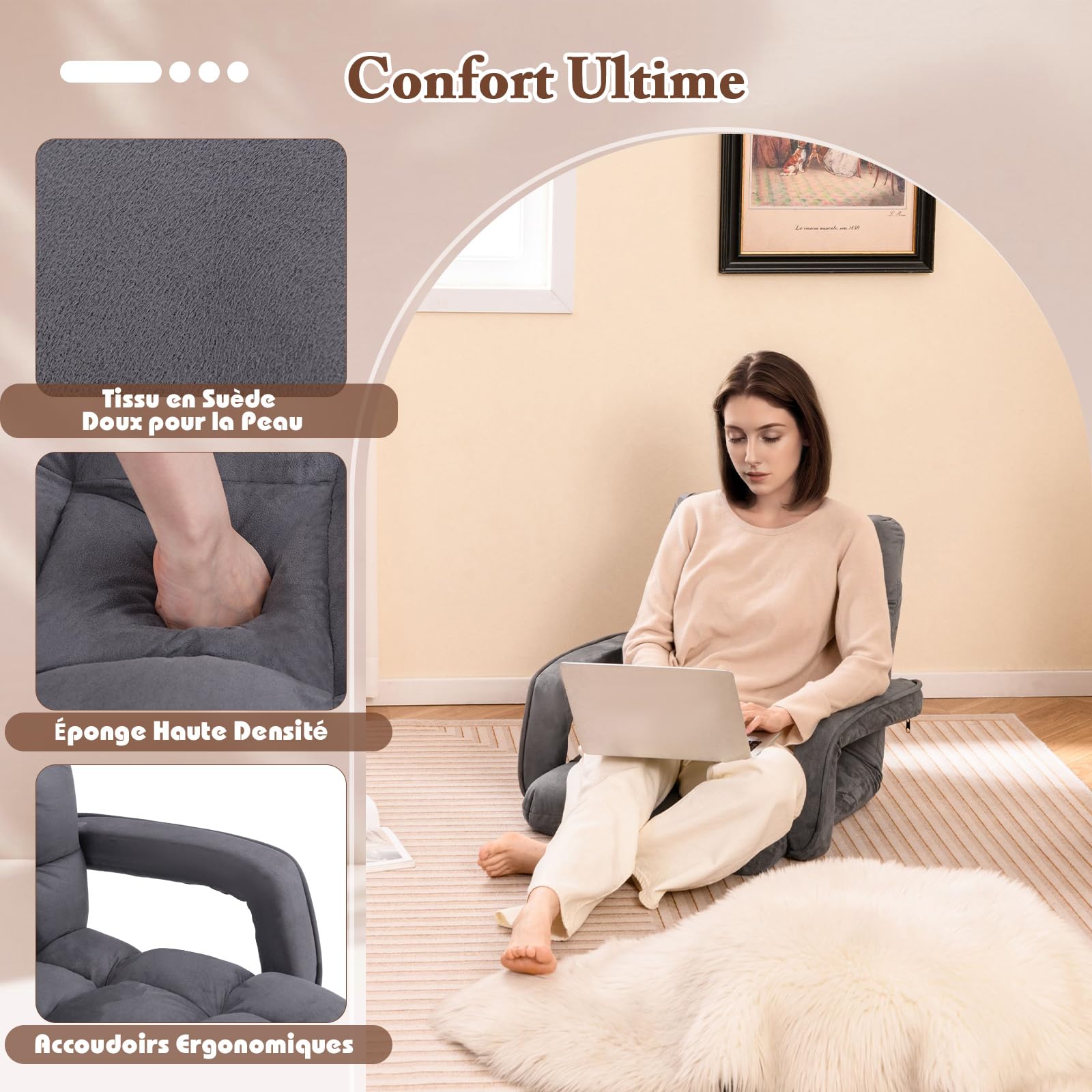 COSTWAY Canapé Paresseux Tatami Pliable, Fauteuil de Sol Réglable, Chaise de Plancher Inclinable, Siège de Sol pour Maison, Bureau, 108 x 64 x 13 cm (Gris)