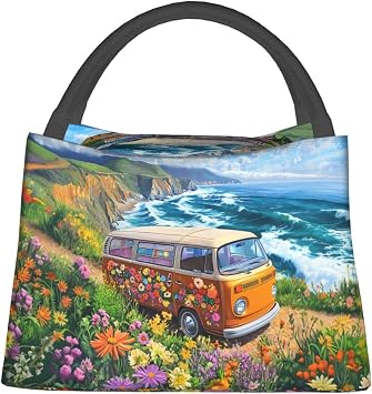 Vintage Car Lunch Box for Women Girls Adults Insulated Coastal Road Trip Campervan Wildflowers Lunch Bag for Work Picnic Camping Travel Gifts Large Capacity Cooler Thermal Reusable Tote Makeup Bags