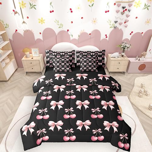 Erosebridal Pink Cherry Bow Bedding Sets Girly Cute Bows Comforter Set 7 Piece B