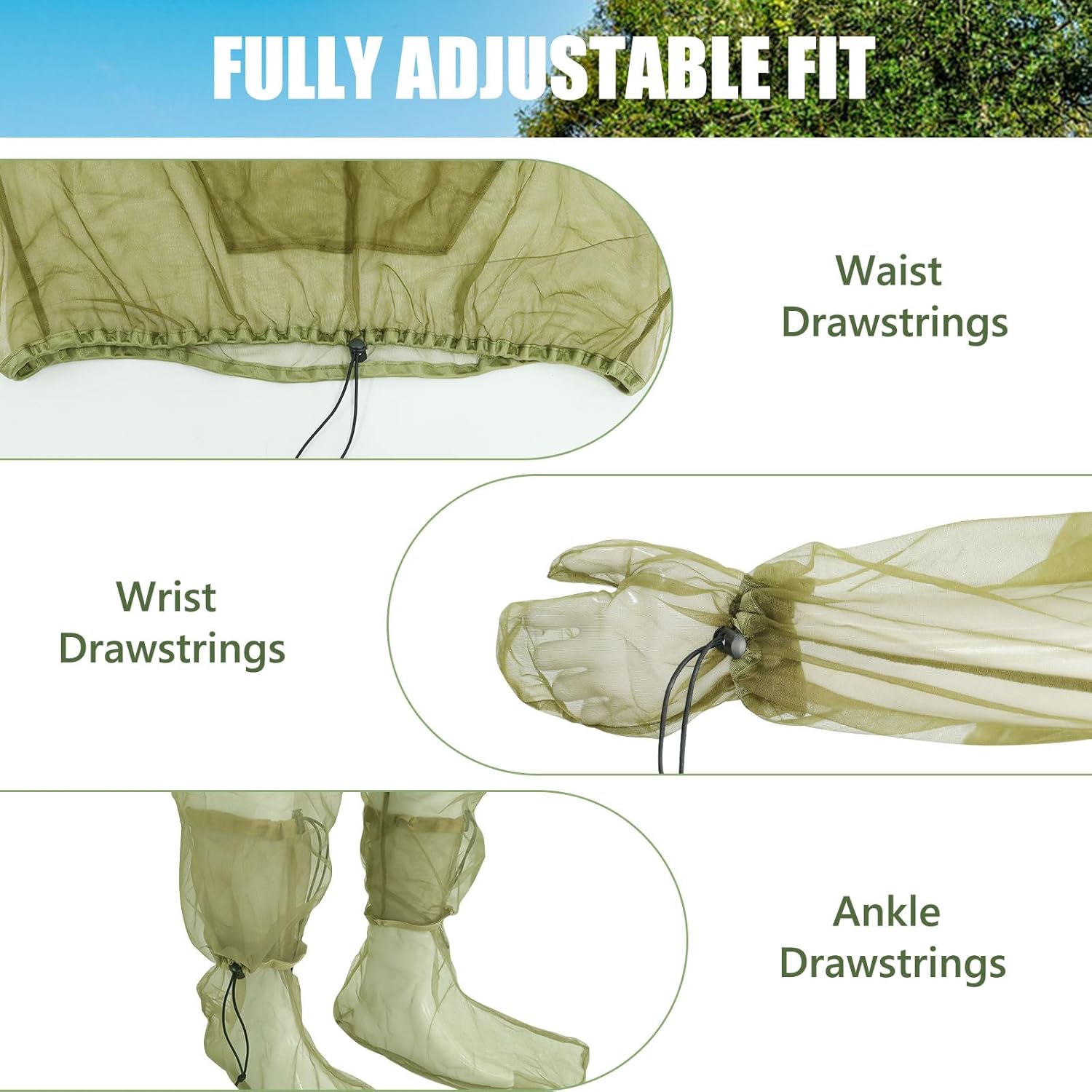 4-Piece Net Suit L/XL, Full Body Jacket with Zippered Hood, Pants, Gloves & Foot Covers, Durable Breathable Mesh, Adjustable Fit for Men & Women, Lightweight for Outdoor, Camping, Fishing &Gardening