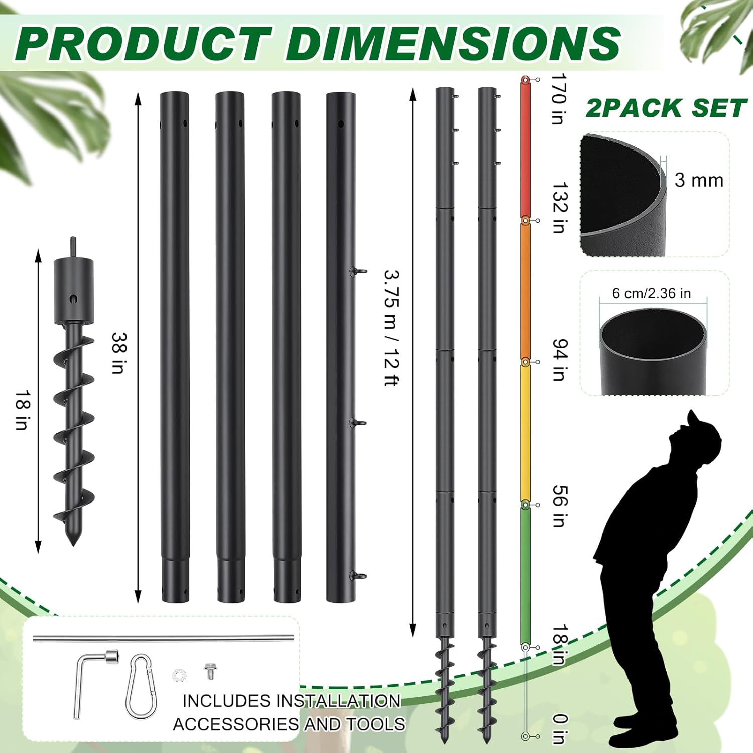 2 Packs Shade Sail Poles 12 Ft, Heavy Duty Sunshade Pole with Spiral Drill Bit Heavy Duty Steel Shade Sail Post with D-clamp Support Awning Canopy for Outside Backyard Garden