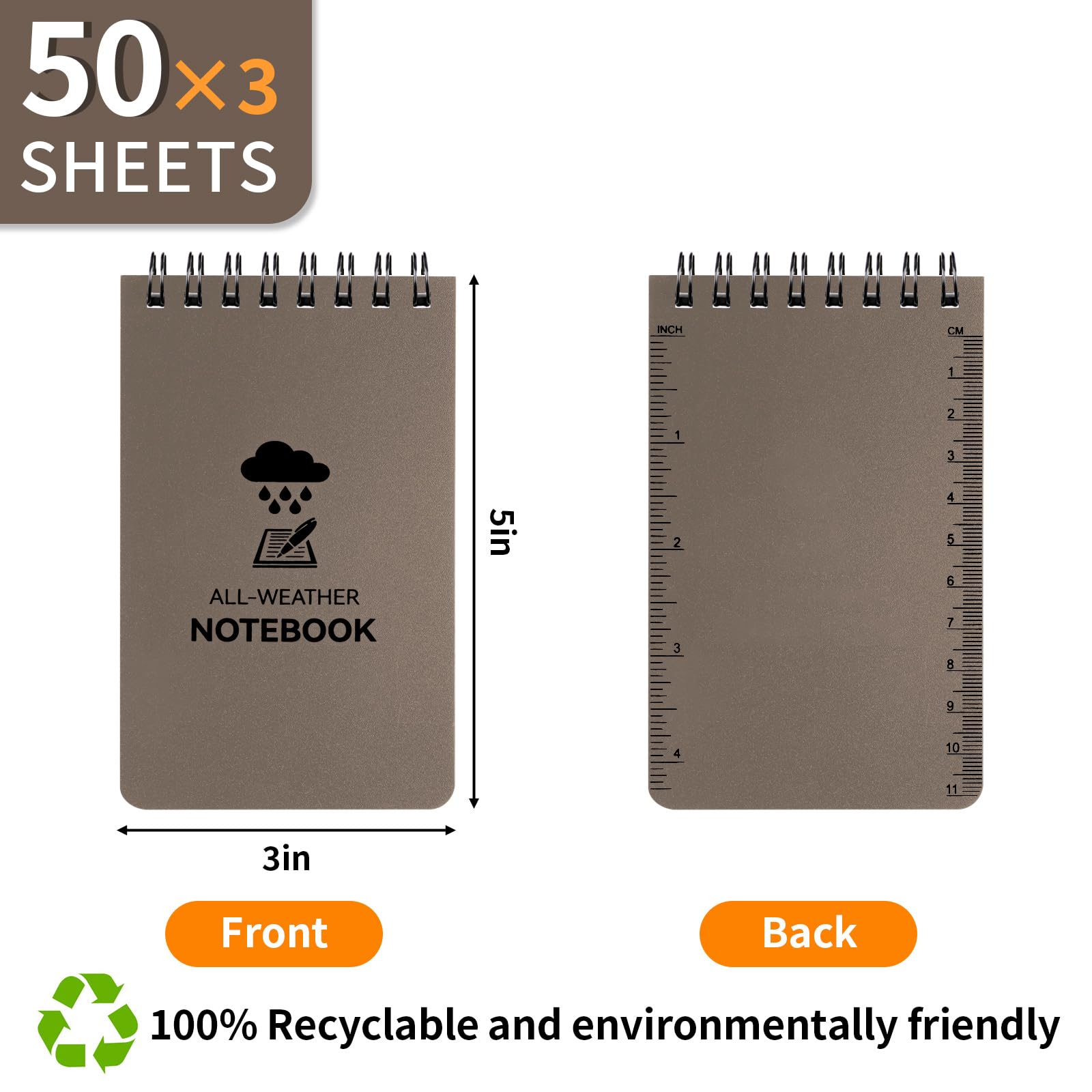COIDEA Taccuino impermeabile, 3 x 5 tasche, per tutte le stagioni, piccolo taccuino tascabile in carta pietra, mini blocco note a spirale resistente alle intemperie 100 pagine a righe per esterni