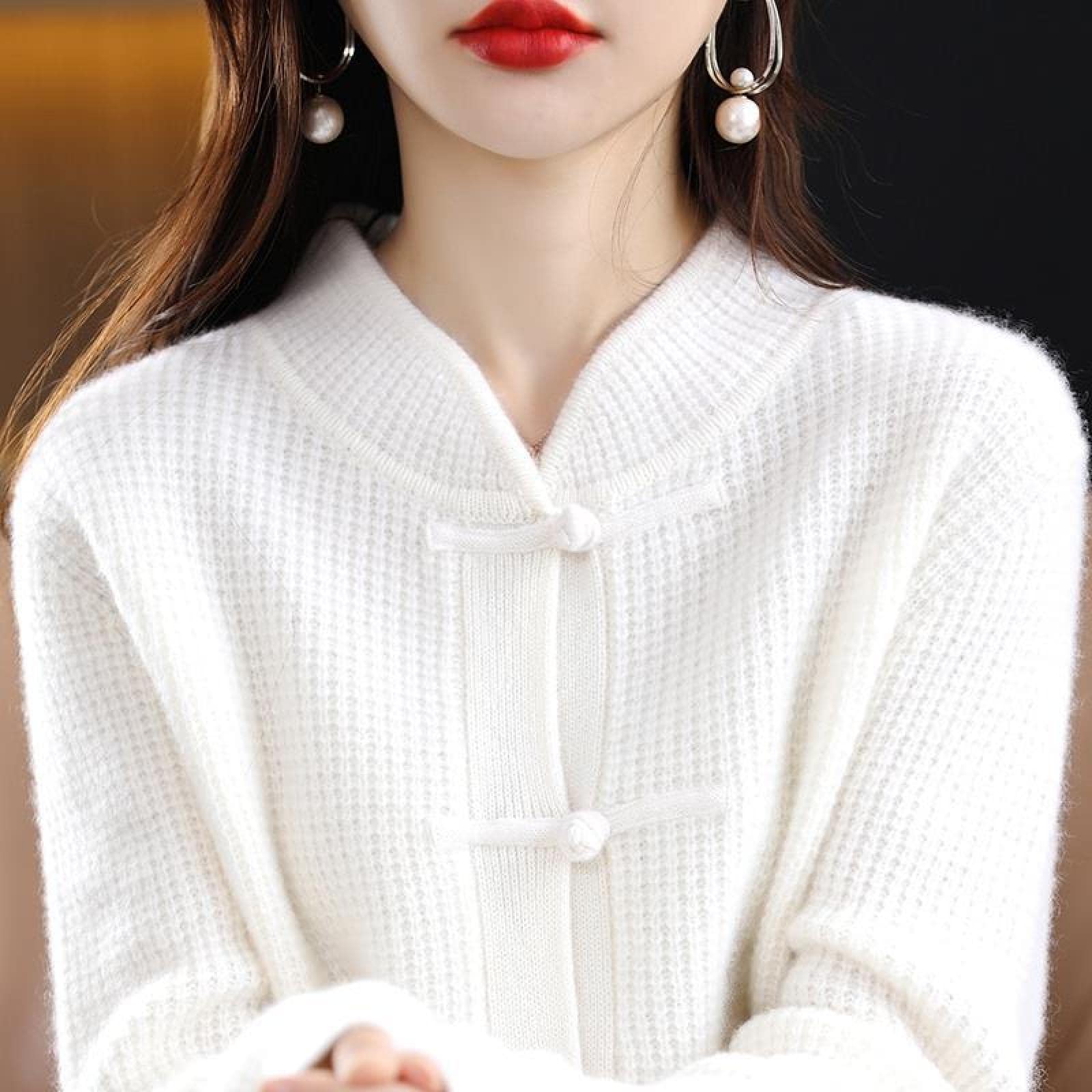 AGAATI Jersey de Punto para Mujer, cárdigan de Cachemira, Top de Punto de Lana con Hebilla Vintage, Rojo, XL, suéter de Manga Larga (Blanco M)
