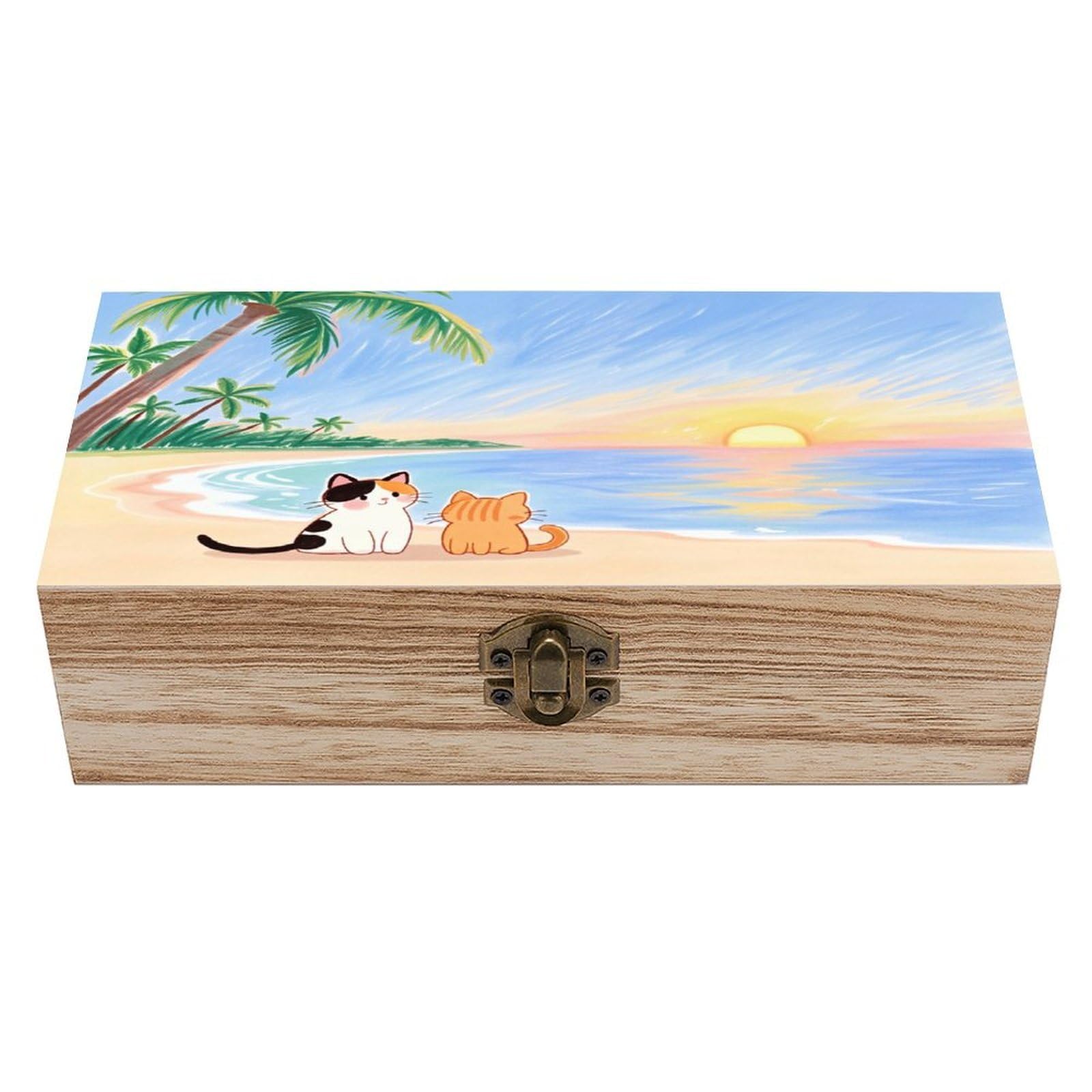 asbwuo Beach Sunset Cats Vintage Wooden Keepsake Box