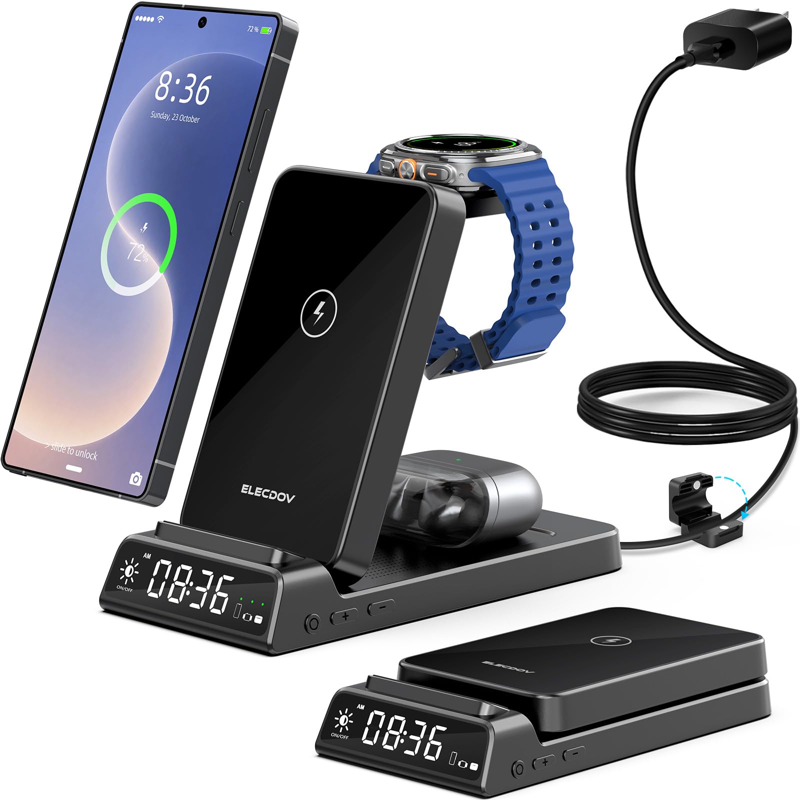 Bezprzewodowa ładowarka do stacji ładującej Samsung z zegarem do Samsung Galaxy S25 Ultra/S24/Flip 7/Bud, ładowarka do zegarka Samsung Galaxy Watch 8/7/6/5Pro, składana stacja ładująca 3 w 1 (czarna)