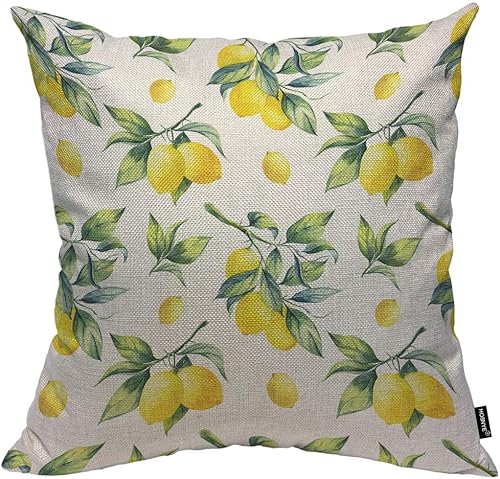 HOSNYE Funda de almohada de lino y algodón amarillo limón con hojas verdes, cítricos, fruta, arboleda, ramas de lima, acuarela, fundas de cojín