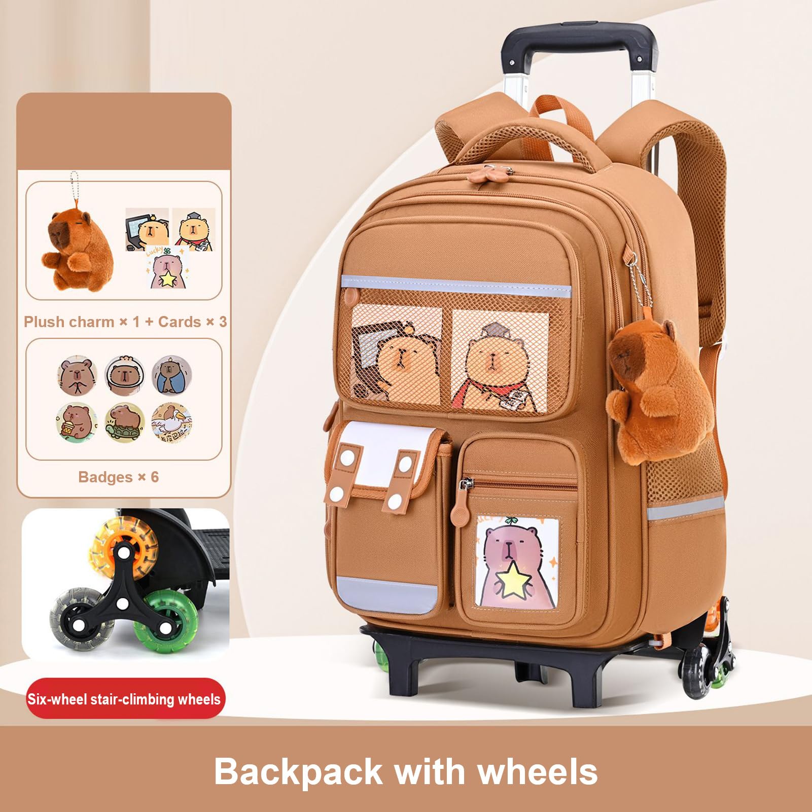 Mochila con Ruedas Bolsa de Gran Capacidad con Asa Retráctil y Altura | Estampado de Capibara en Mochila con Ruedas para Viajes, Escuela, Trabajo, Avión, Negocios, Niños, Niñas,