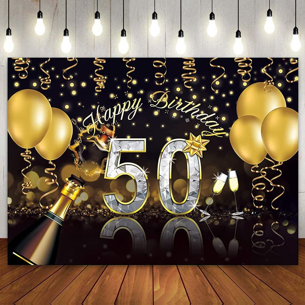 Happy 50th Birthday Party Tło Dostosowane Czarne Złoto Brokatowe Bokeh Szklany Balon Reflektor Stół Baner Tło