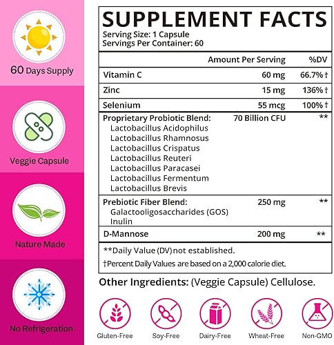 Miniatura 2 de Probióticos vaginales, 70 mil millones de UFC probióticos para mujeres, prebióticos y D-manosa, probiótico 13 en 1 para mujer para salud vaginal,
