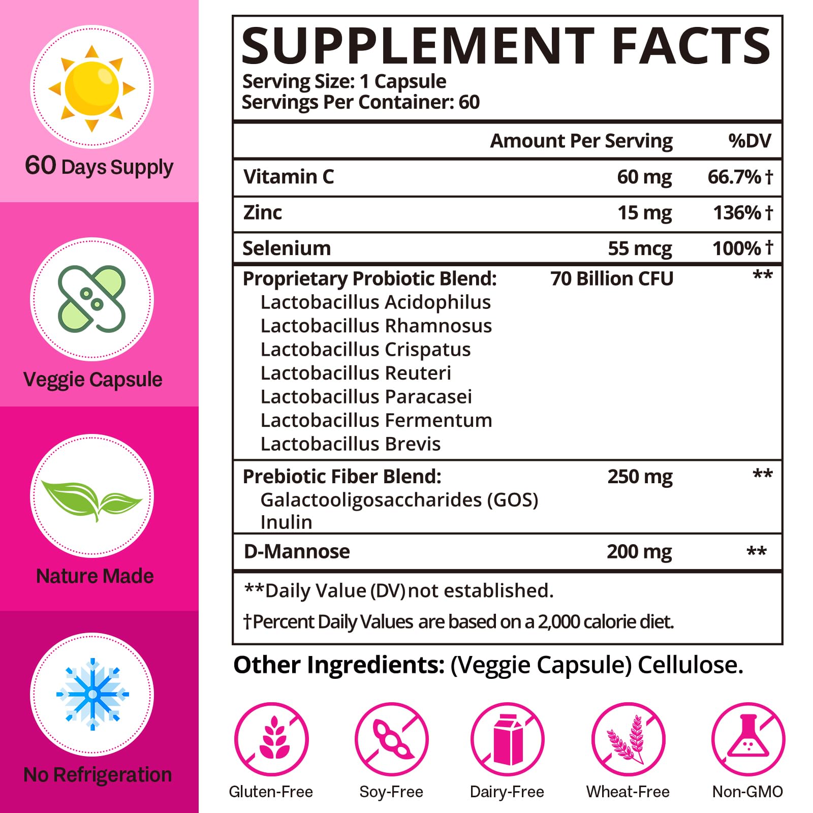 Probióticos para mujeres, 70 mil millones de probióticos CFU + prebióticos y D-manosa, probióticos 13 en 1 para mujeres para salud vaginal, inmune urinaria y digestiva, equilibrio de pH, estreñimiento