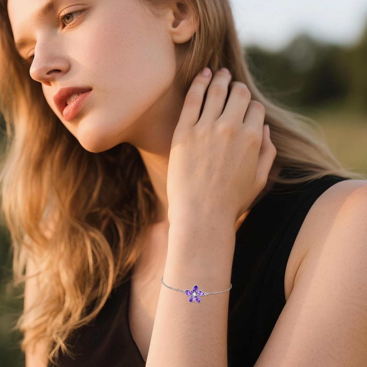 TIGER RIDER Purple/Pink Orchid 925 Sterling Silver Adjustable Bracelet Flora Jewelry Gift for Women Birthday Christmas