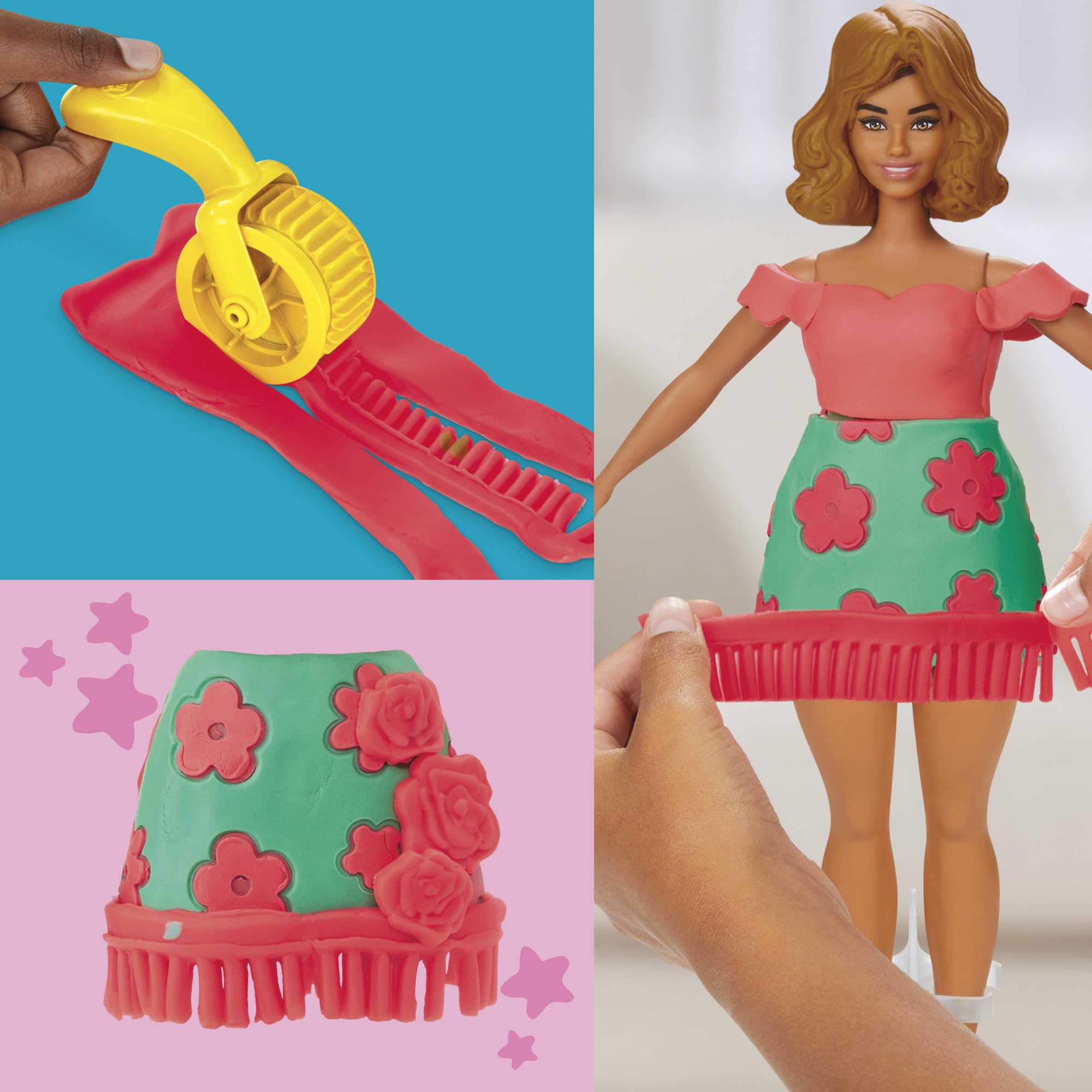Play-Doh Barbie Blumen und Fransen Set, Puppenkleidung mit Modelliermasse & 9 Modeaccessoires, Kunst & Handwerk für Mädchen & Jungen ab 5 Jahren