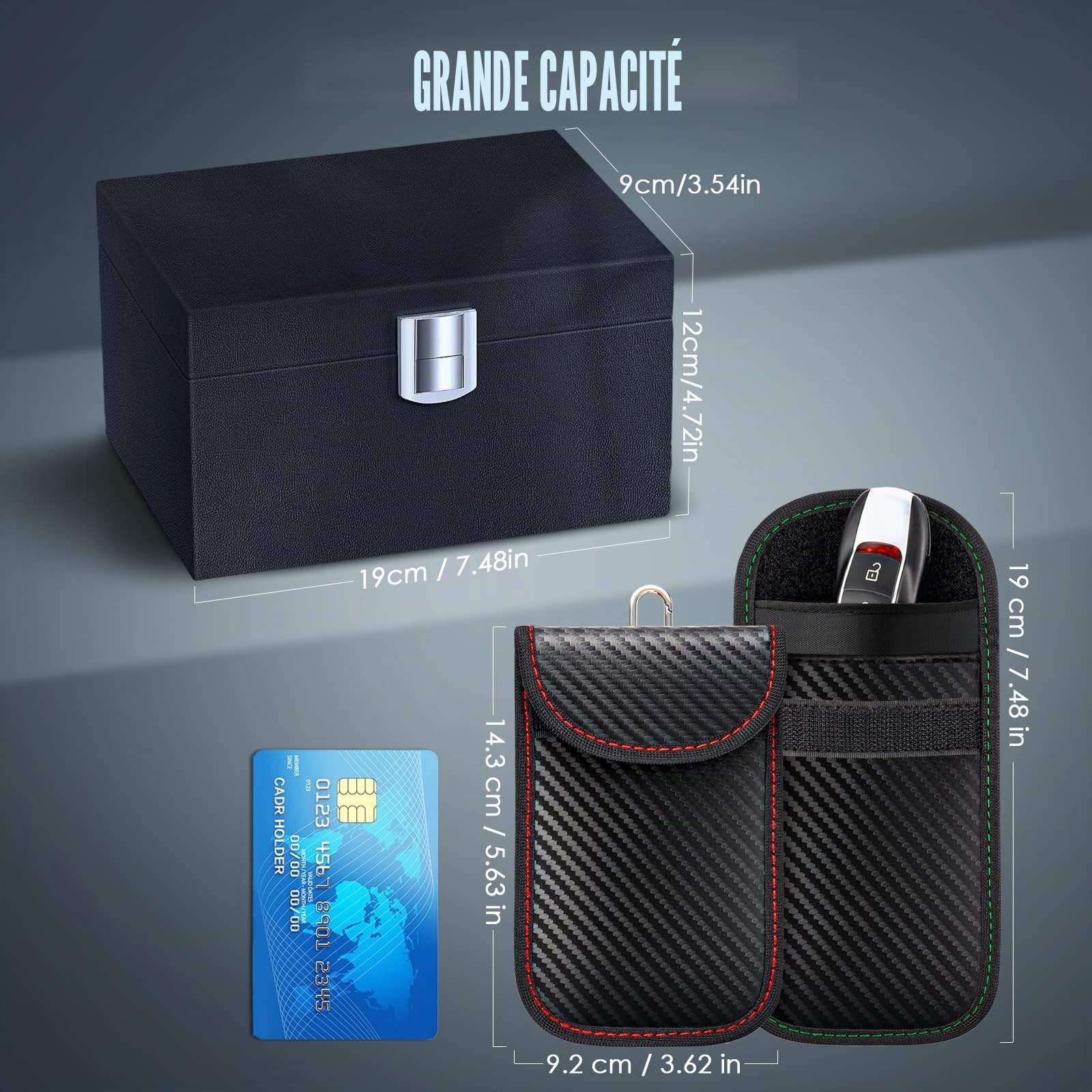 Boite Anti Rfid Clé Voiture Avec 2 PièCes Etui Anti Rfid Pochette Clef Voiture Boite Faraday Boitier Blocage Signal RFID Protection (Grande Taille 19 X 12 X 9 cm)