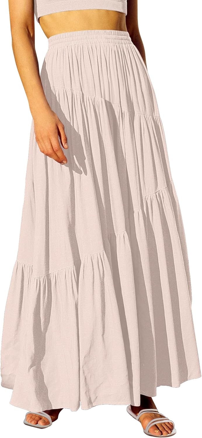 ANRABESS Women’s Boho Elastic High Waist Pleated A-Line Flowy Swing Asymmetric Tiered Maxi Long Skirt Dress with Pockets